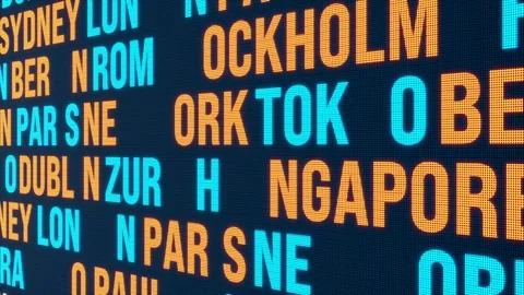 Close up screen with random city names like Tokyo, Sydney, New York, Paris, Rom. Stock Footage 279810099
