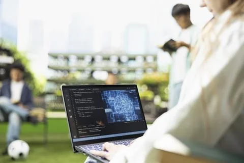 Close up of screen showing AI coding tech interface on laptop Stock Photos