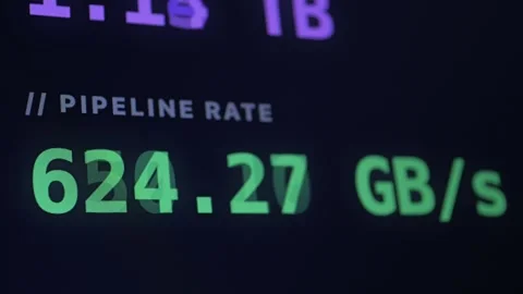 Close-up of a screen showing a high data pipeline rate in GB/s. Stock Footage 336968053