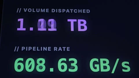 Close-up of a screen showing high data volume in TB and pipeline rate in GB/s. Stock Footage 336969062