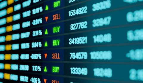  Close up screen with trading data, buy and sell signs for current trades.... Fotos de archivo