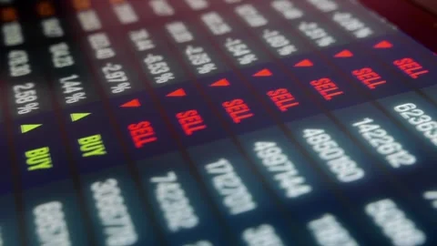Close-up screen with transaction data on the screen, buy and sell signs. Stock Footage 345580058