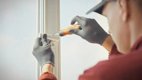 A close-up of a screwdriver and gloved hands adjusting plastic window hardwa 動画素材 344877061