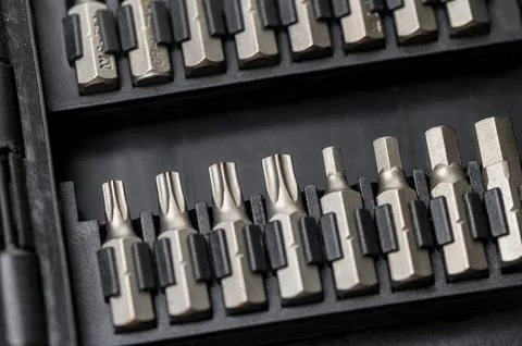 Close-up of screwdriver bit set in storage box Stock Photos