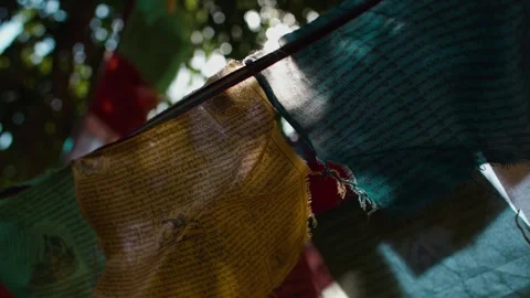 Close-up of the scripture prayer flags in Lhasa swaying with the wind. Stock Footage 294029063