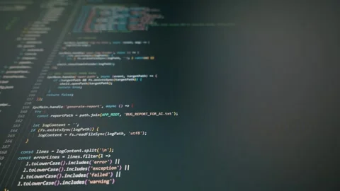Close Up Of Scrolling Javascript Code In Dark Mode For AI Development Stock Footage 328654580