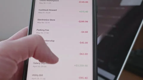 Close up of scrolling through spending and income list in finance application Stock Footage 335521079