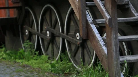 Close up of a sculpture of old wooden train Stock Footage 95898853