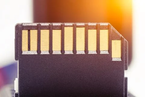 Close-up of an SD memory card showing the memory card contacts. Stock Photos