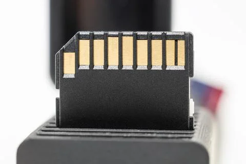 Close-up of an SD memory card showing the memory card contacts. Foto stock