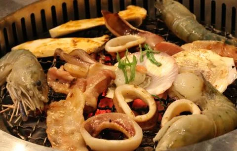 Close up of Sea Food on the grill Stock Photos