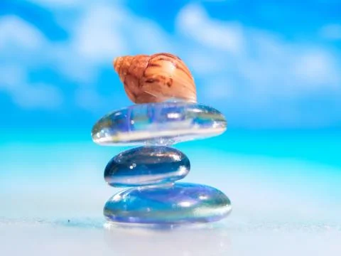 Close-up of sea shell on the beach. Stack of pebble stones and Plumeria at th Stock Photos