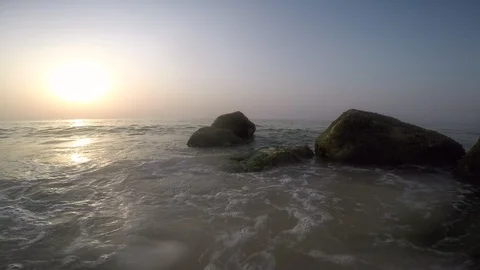 Close up of sea waves hits on the small rock cliffs Stock Footage 92986763