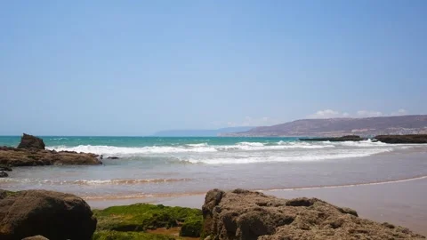 Close up of sea waves, rocks and stones in Morocco, Atlantic ocean. Landscape Stock-Footage 247471977