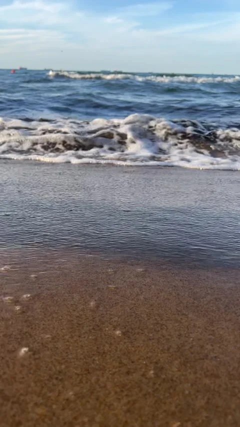 Close-Up of Sea Waves on Sandy Baltic Beach in Gdansk Stock Footage 311275170