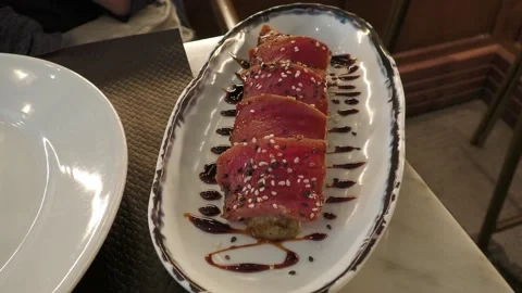 Close Up of Seared Tuna Tapas in Traditional Spanish Restaurant Stock Footage 335942563