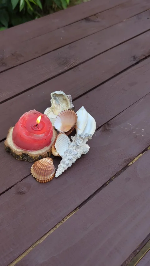 Close up of seashells and burning candle next to a vintage dark wooden table Video stock 342845454
