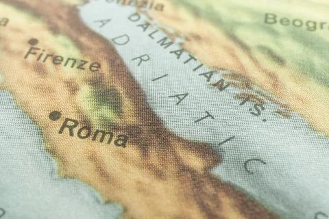 Close-up section of a topographic map featuring parts of Europe, showing It.. Stock Photos