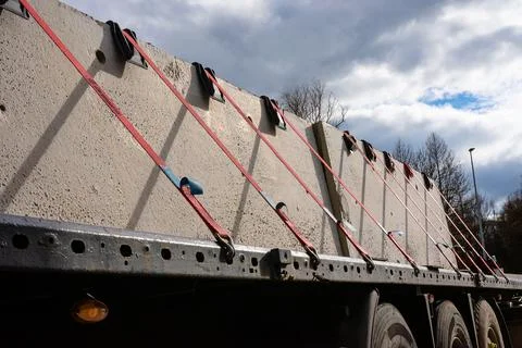 Close up of secured construction load on flatbed truck Stock Photos