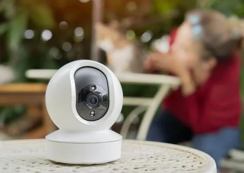 Close-up of security camera standing with cat and owner relaxing in the garde Stock Photos