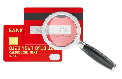 Close up of security code on back of credit bank card with magnifying glass.. Illustrazione stock