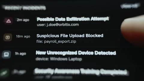 Close-Up Security Incident Feed With Data Exfiltration And Device Alerts 4K Stock Footage 341853491