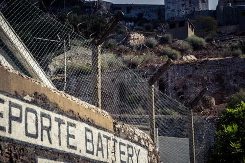 Close-up of security razor wire and barbed wire fence at historic military .. Stock Photos