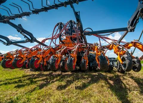 Close-up of a seeder with precision seeding technology, wide bottom angle Stock Photos