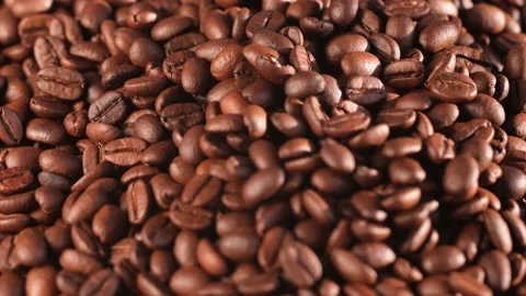 Close up of seeds of coffee. Fragrant coffee beans are rotate Stock Footage 167930023