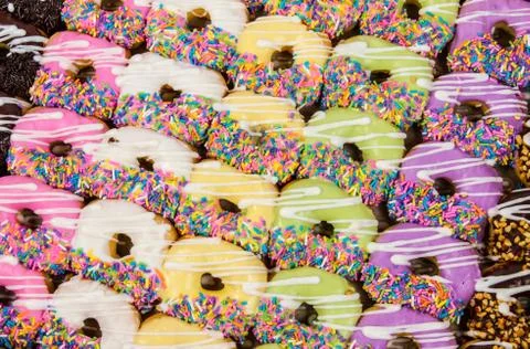 Close up of a selection of colorful donuts. 写真素材