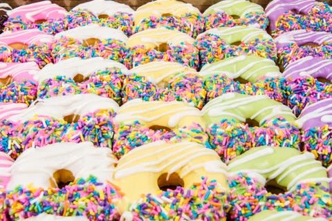 Close up of a selection of colorful donuts. Foto stock
