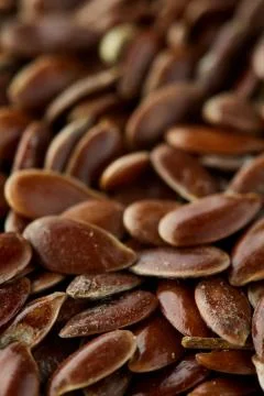 Close-up selective focus healthy flax seed background, macro, vertical. Stock Photos