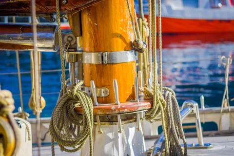 Close up of selective focus of ropes around the mast on boat in port of Alesund Fotos de archivo