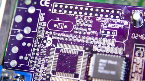 Close-up. Semiconductor electronic board structure. Graphic card. Stock Photos