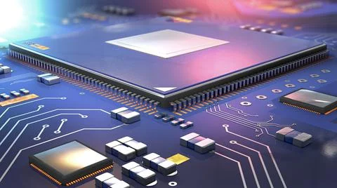 Close up of semiconductor processor on computer circuit board Stock Illustration