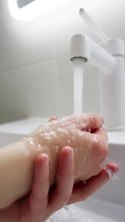 Close-up sequence of hands washing under a modern white bathroom faucet, running Stock Footage 317548600