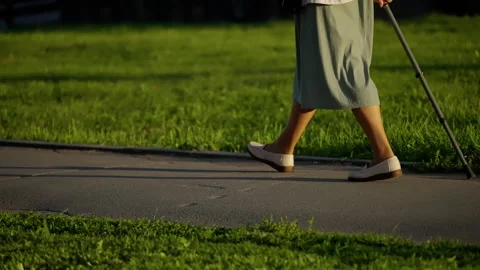 Close-up sequence of a person walking with a cane along a sunlit park pathway Stock Footage 317570492