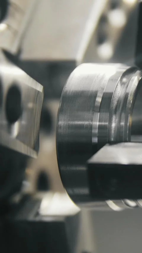 Close-up sequence of precision metal machining process showing shiny cylindrical Stock Footage 336246864