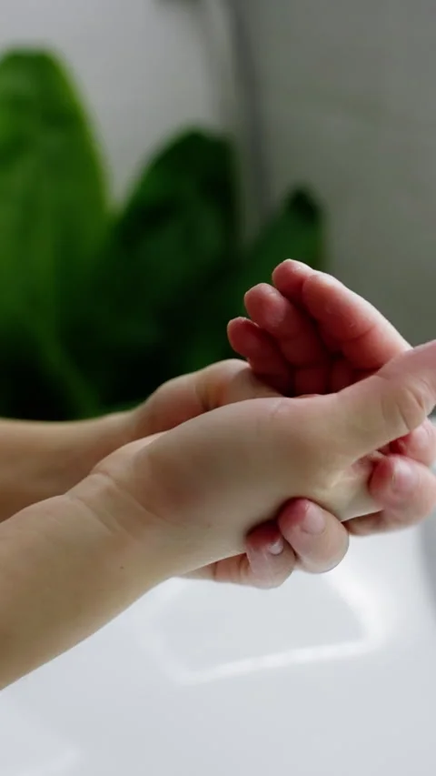 Close-up sequence showing careful hand hygiene as two hands rub together above a Stock Footage 317550337
