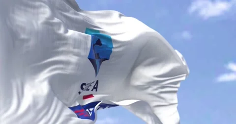 Close-up of the Serie A TIM flag waving in the wind. Stock Footage 207823025