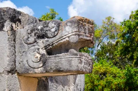 Close up of a serpent head at Chichen Itza, Wonder of the World Stock Photos