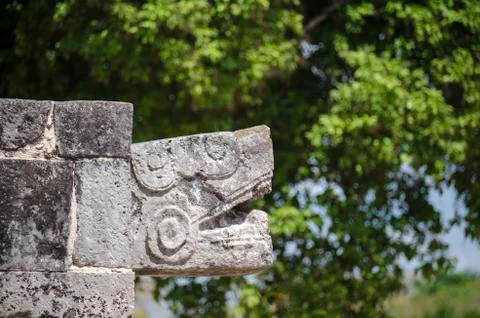 Close up of a serpent head at Chichen Itza, Wonder of the World Stock Photos