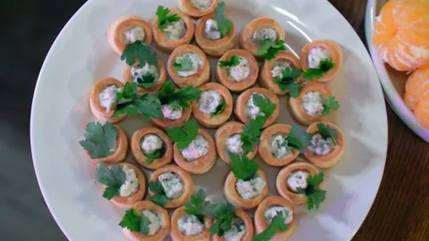 Close up at the served table with different appetizers and snacks Stock Footage 151265551
