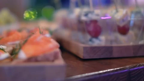 Close up at the served table with different appetizers and snacks Video stock 151265698