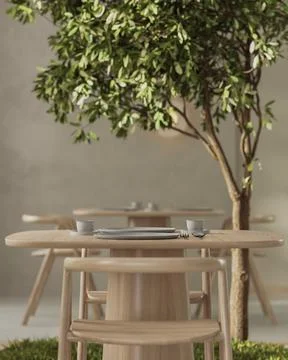 Close up of served table in modern restaurant interior, green plant on backgr Stock Illustration