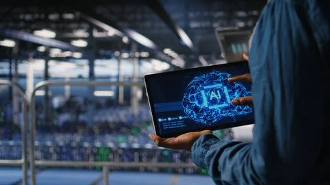 Close up of server farm admin using tablet to do AI automatization Foto stock