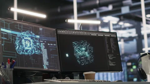 Close up of server farm PC screens tracking rackmounts Video stock 309628185