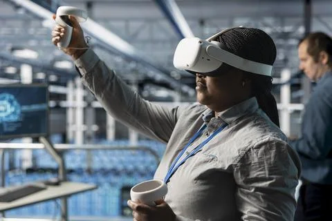 Close up of server hub admin using VR gear, troubleshooting code errors Foto stock