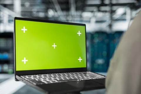 Close up of server hub engineer using mockup laptop to repair equipment 스톡 사진