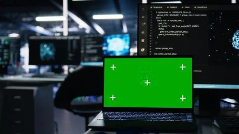 Close up of server hub mockup laptop tracking rigs processing machine learning Stock Photos